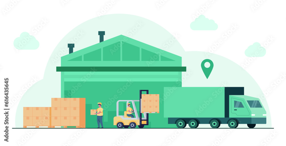 Warehouse and cargo logistic service. Containers delivery or storage. Forklift with boxes on pallet. Truck distribution pin. Transport industry. Lorry unloading. Vector illustration Warehouse and cargo logistic service. Containers delivery or storage. Forklift with boxes on pallet. Truck distribution pin. Transport industry. Lorry unloading. Vector illustration