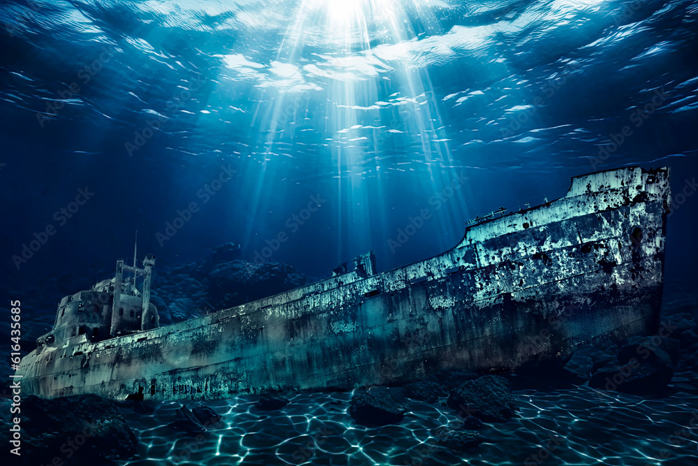 Titanic shipwreck lying silently on the ocean floor. The image showcases the immense scale of the shipwreck, with its fragmented structure extending across the seabed.