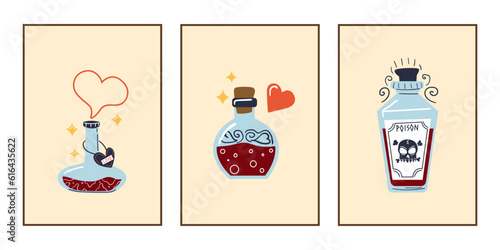 Magic potions. Love elixir bottles. Poison drink. Halloween or Valentine cards. Magical laboratory. Fantasy liquid substance. Romance hearts. Death skull. Vector witchcraft banners set