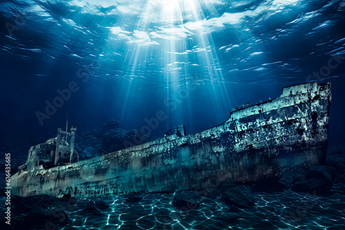 Titanic shipwreck lying silently on the ocean floor. The image showcases the immense scale of the shipwreck, with its fragmented structure extending across the seabed. © bennymarty