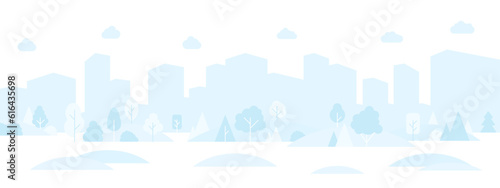 City background. Cityscape skyline. Streets and buildings silhouette. Town park. Downtown architecture. Metropolis exterior. Urban landscape with houses and trees. Vector flat panorama