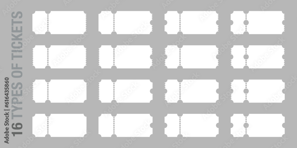 Set of 16 blank or empty ticket template. Cinema, theater, concert and boarding tickets, discount and sales coupons. Set of 16 blank or empty ticket template. Cinema, theater, concert and boarding tickets, discount and sales coupons.