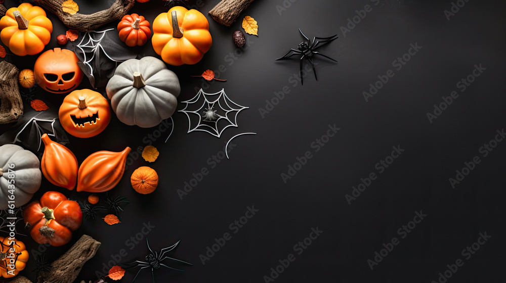 Mystery Halloween background with pumpkins, spiderwebs, skeletons