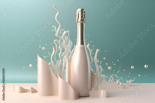 Photo A bottle of champagne on a blue background, Generative AI