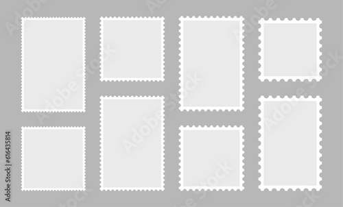 Blank set of 8 postage stamps. Paper postmarks for mail letter isolated on grey background. Vector illustration.