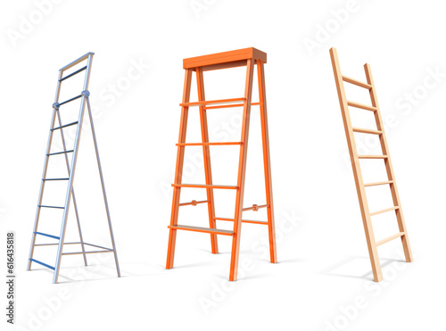 Ladder construction. Realistic wooden and metal staircase equipment. 3D building stepladders. Vertical tools for climbing. Household repair instruments with steps. Vector stairways set