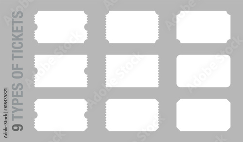 Set of 9 blank or empty ticket template. Cinema, theater, concert and boarding tickets, discount and sales coupons.