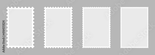 Blank set of 4 postage stamps. Paper postmarks for mail letter isolated on grey background. Vector illustration.