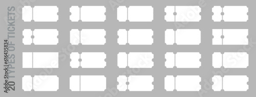Set of 20 blank or empty ticket template. Cinema, theater, concert and boarding tickets, discount and sales coupons.