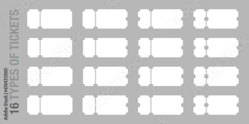 Set of 16 blank or empty ticket template. Cinema, theater, concert and boarding tickets, discount and sales coupons.