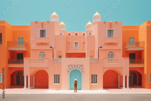 whimsical colorful futuristic architectural illustration of a fantasy building/room in pastel retro colours with sci-fi elements - generative ai art