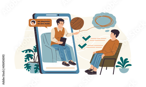 Online therapy. Psychologist counseling. Web psychology therapist support. Cartoon psychotherapist communication with patient using smartphone. Mental help treatment. Vector illustration