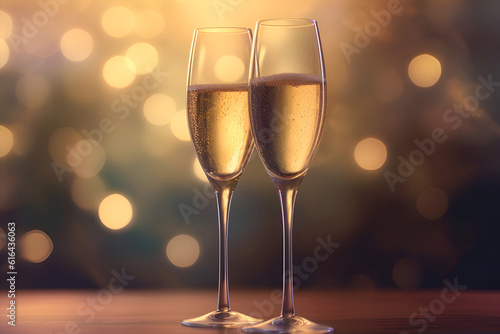 Champagne glasses, golden bokeh, Generative AI