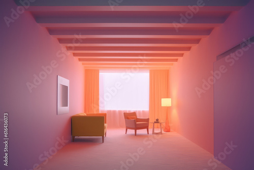whimsical colorful futuristic architectural illustration of a fantasy building room in pastel retro colours with sci-fi elements - generative ai art