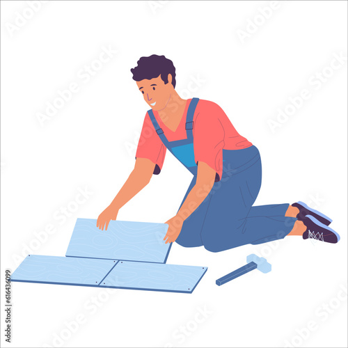 Home repair. Cartoon worker making renovation. Professional builder. Man laying floor tiles. Workman in overalls. Apartment interior. Flooring improvement. Vector house building work
