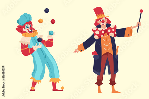 Clowns. Cartoon jokers and jesters comedians with funny faces.Circus artists performing tricks. Cute jugglers entertaining children at birthday party or carnival shows. Vector characters set