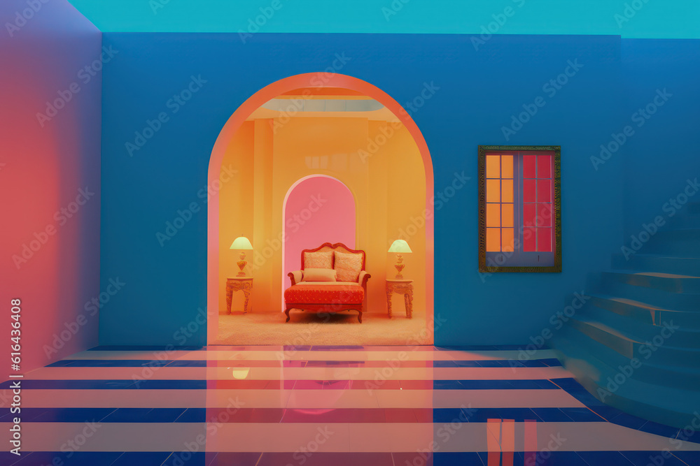 whimsical colorful futuristic architectural illustration of a fantasy building/room in pastel retro colours with sci-fi elements - generative ai art whimsical colorful futuristic architectural illustration of a fantasy building/room in pastel retro colours with sci-fi elements - generative ai art