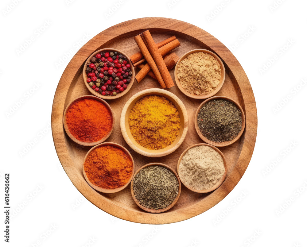 Round wooden plate with various spices isolated on transparent background, Generative AI Round wooden plate with various spices isolated on transparent background, Generative AI