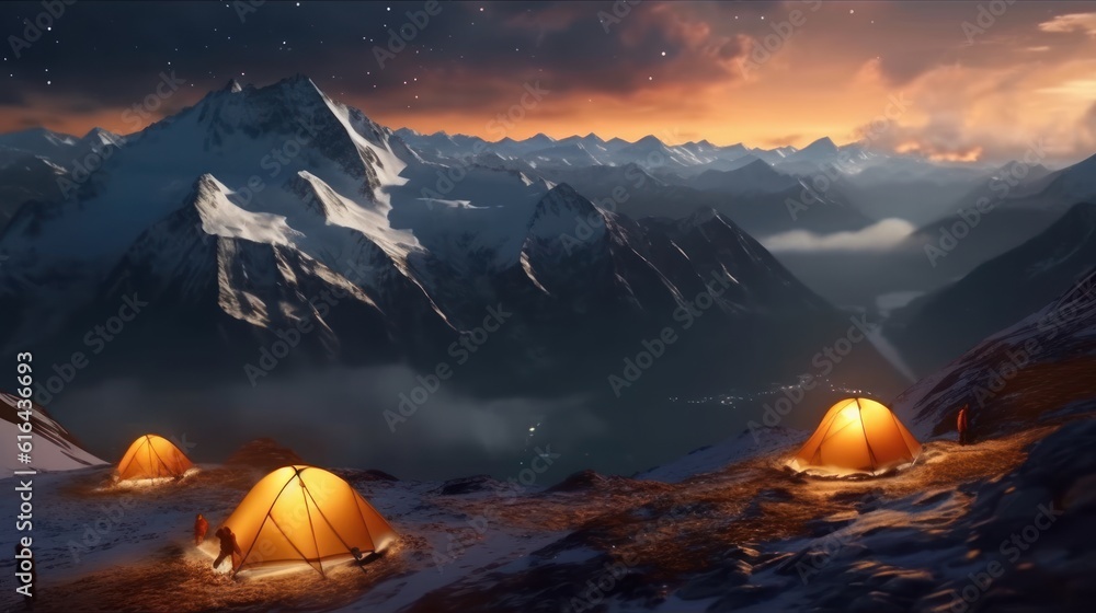 Illuminated tents located on a mountain peak. It reflects an environment where mountaineers can camp together with the magnificent mountain view as well as the sea view. Created with Generative AI.