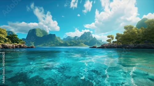 Impressive view of a tropical island with clear turquoise waters. Mountains and calm sea merging with the sky give a feeling of peace and exploration. Created with Generative AI.