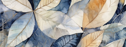 Abstract floral organic plant watercolor painting drawing leaf illustration wallpaper background - Blue orange leaves with golden lines details (Generative Ai)