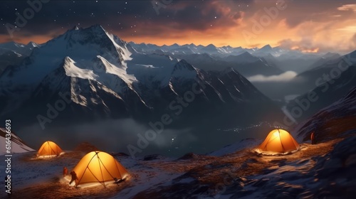 Illuminated tents located on a mountain peak. It reflects an environment where mountaineers can camp together with the magnificent mountain view as well as the sea view. Created with Generative AI.
