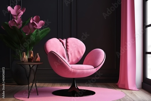 The pink sofa which has a white pillow is set in living room which has blue and pink wall,Generative AI