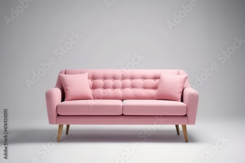 The pink sofa which has a white pillow is set in living room which has blue and pink wall,Generative AI © Azar