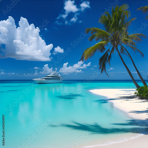 Beach sea ship transport coconut tree summer background by ai generated  © auc