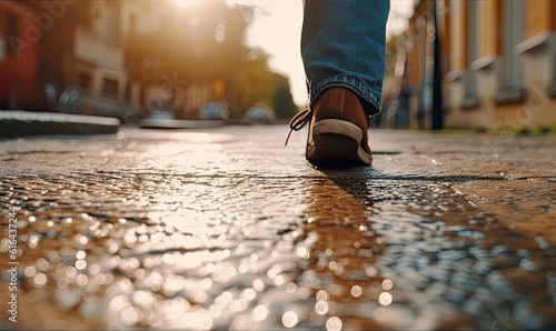 photo wallpaper of someone's feet walking on the sidewalk © alvian