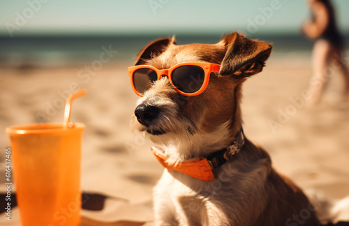 a dog in sunglasses sitting on a beach with a drink © Nilima