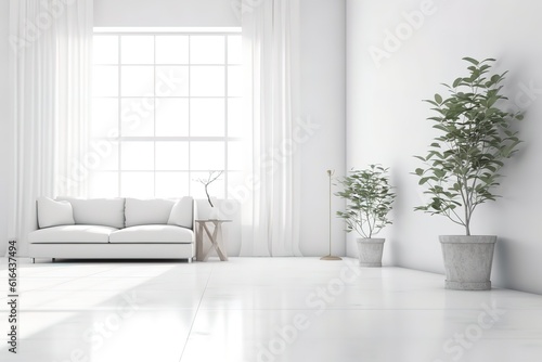 White minimalist living room interior with sofa on a wooden floor, decor on a large wall, white landscape in window. Home Nordic interior | Scandinavian interior poster mock up,Generative AI