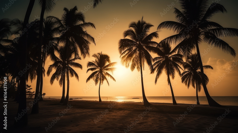 Palm trees silhouettes on tropical beach at sunset.