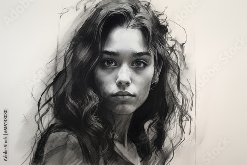 A portrait sketched with charcoal technique, capturing the delicate features of a girl. Generative AI
