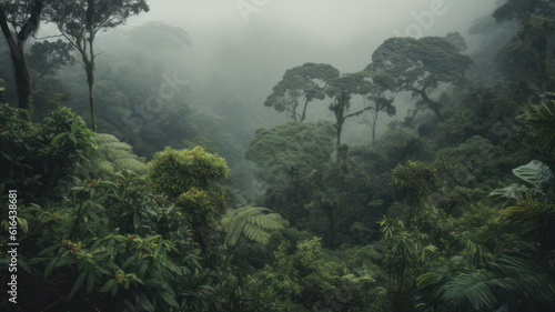 panorama of the rainforest tree tops in the fog. Generative AI