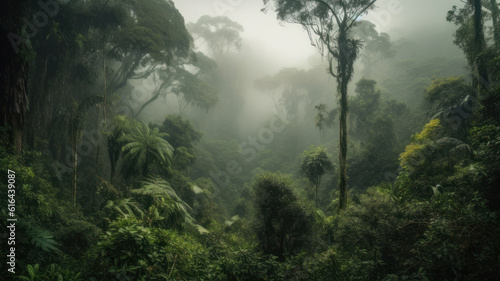 panorama of the rainforest tree tops in the fog. Generative AI © Matthew