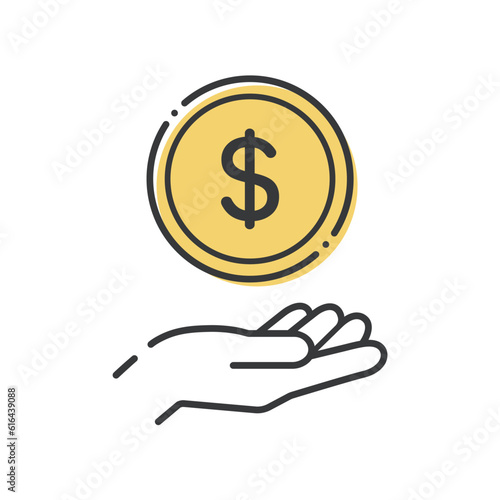 Simple coin and human hand icon with the letter $ - image of money and dollars in the U.S., Canada, etc.
