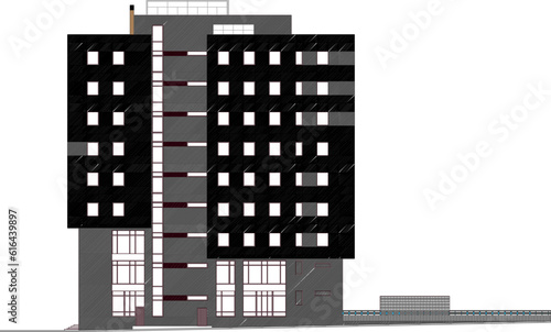 Vector sketch of multi-storey minimalist modern office building architectural design illustration with lots of windows © TSANI