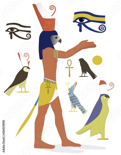 An illustration of  the ancient Egyptian deity Horus of the sun, sky, healing and protection with other Horus symbols such as the eye of Horus and falcons.