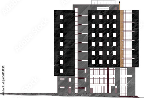 Vector sketch of multi-storey minimalist modern office building architectural design illustration with lots of windows