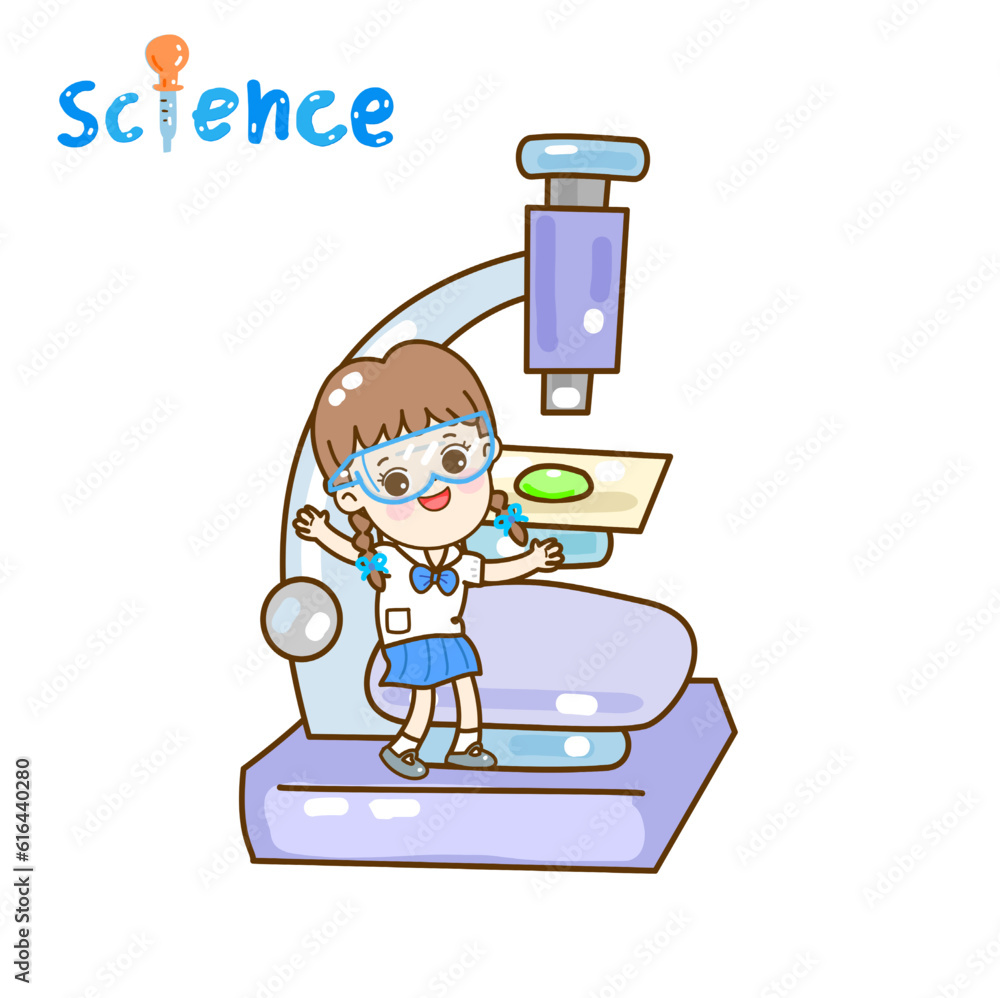 Cartoon kids learning science classroom.