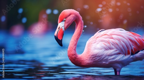 Flamingo Gracefully Stands in Water Amidst Soft Bokeh, Creating a Captivating Image of Tranquility and Beauty.
