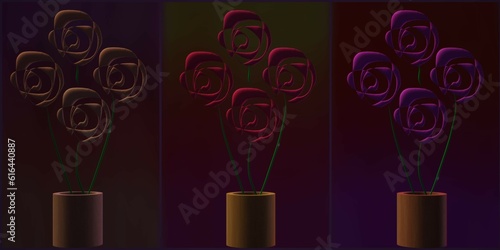 Abstract different color shiny metallic flower set in wooden pot with dark gradient background. 3d illustration used as Emboss pattern wall art, card, paper, birthday banner, scenery set, decoration.