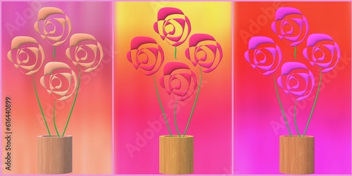 Abstract different color flower set in wooden pot with gradient background. 3d illustration used as Emboss pattern wall art, card, paper, birthday banner, scenery set, decoration,  celebration, web.