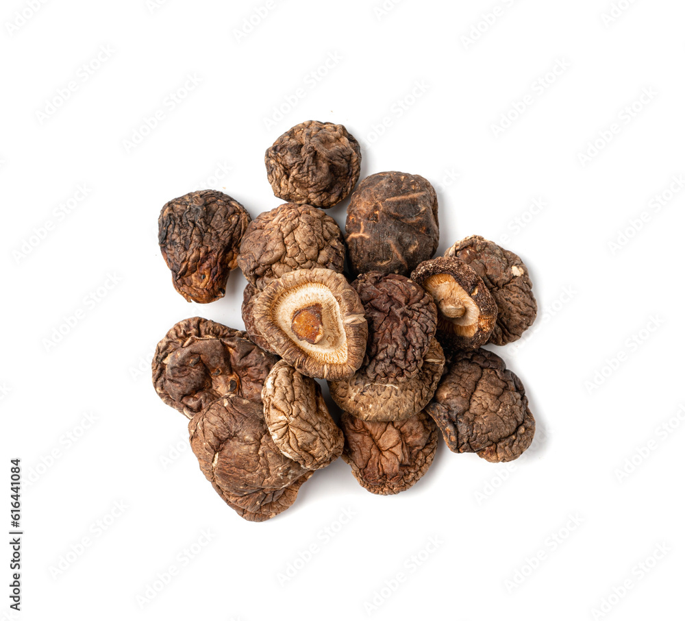 Dry Shiitake Mushrooms Isolated, Raw Shitake Pile, Healthy Organic Asian Fungi Dry Shiitake Mushrooms Isolated, Raw Shitake Pile, Healthy Organic Asian Fungi