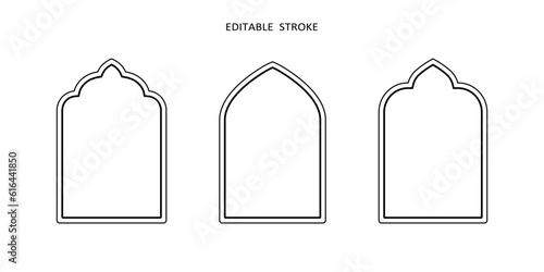 Islamic vector shape of a window or door arch. Arab frame set. Ramadan kareem editable outline icon. Mosque gate. Islamic arabesque pattern. Arabian muslim shape arch