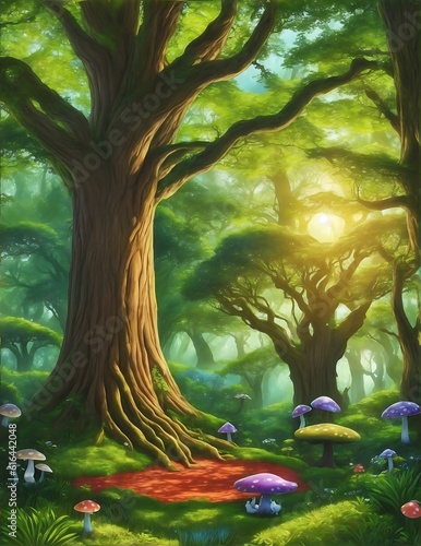 Fantastic wonderland landscape with mushrooms and sunlight. Generative AI