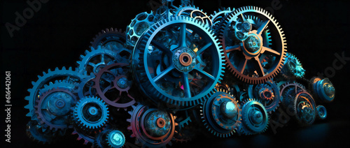 blue gears are seen on a black background