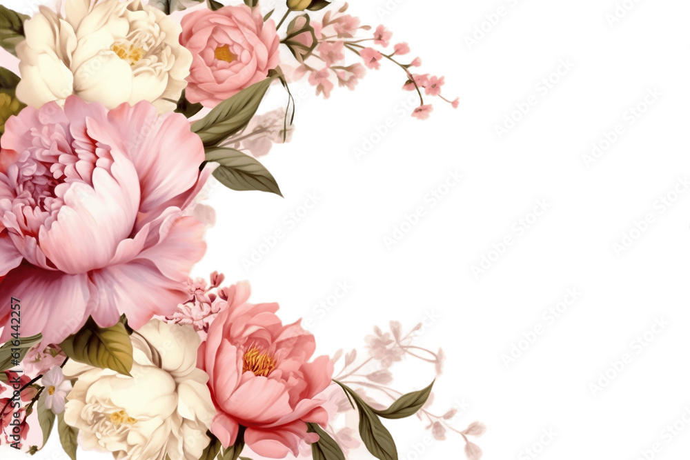 Pink Floral Corner Frame with Peony and Rose Transparent Background. AI