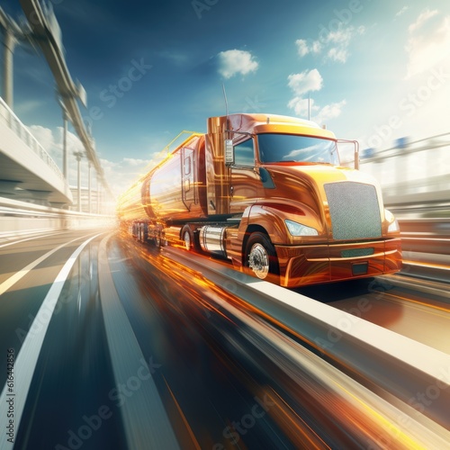 Futuristic fuel truck driving at high speed on a freeway on a colorful background © mirexon